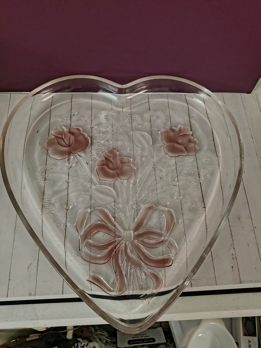Heart-Shaped Glass Serving Tray with Pink Rose and Bow Accent
